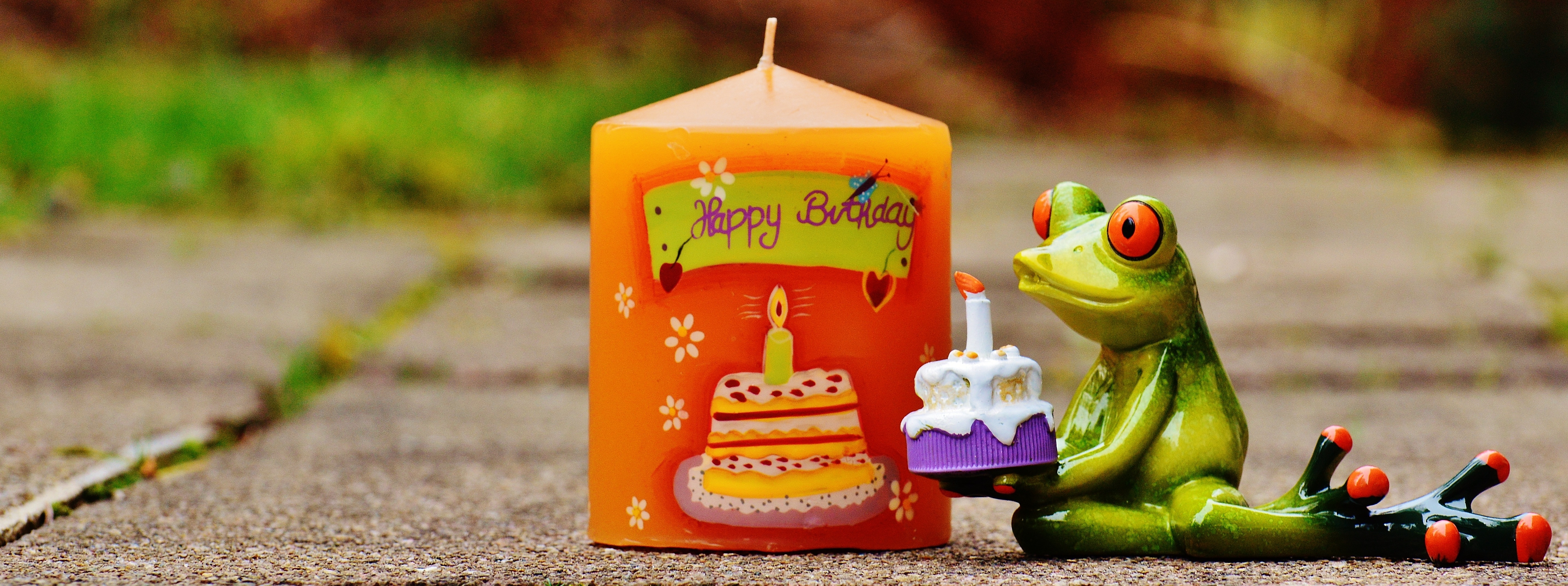 green frog holding cake beside orange happy birthday candle