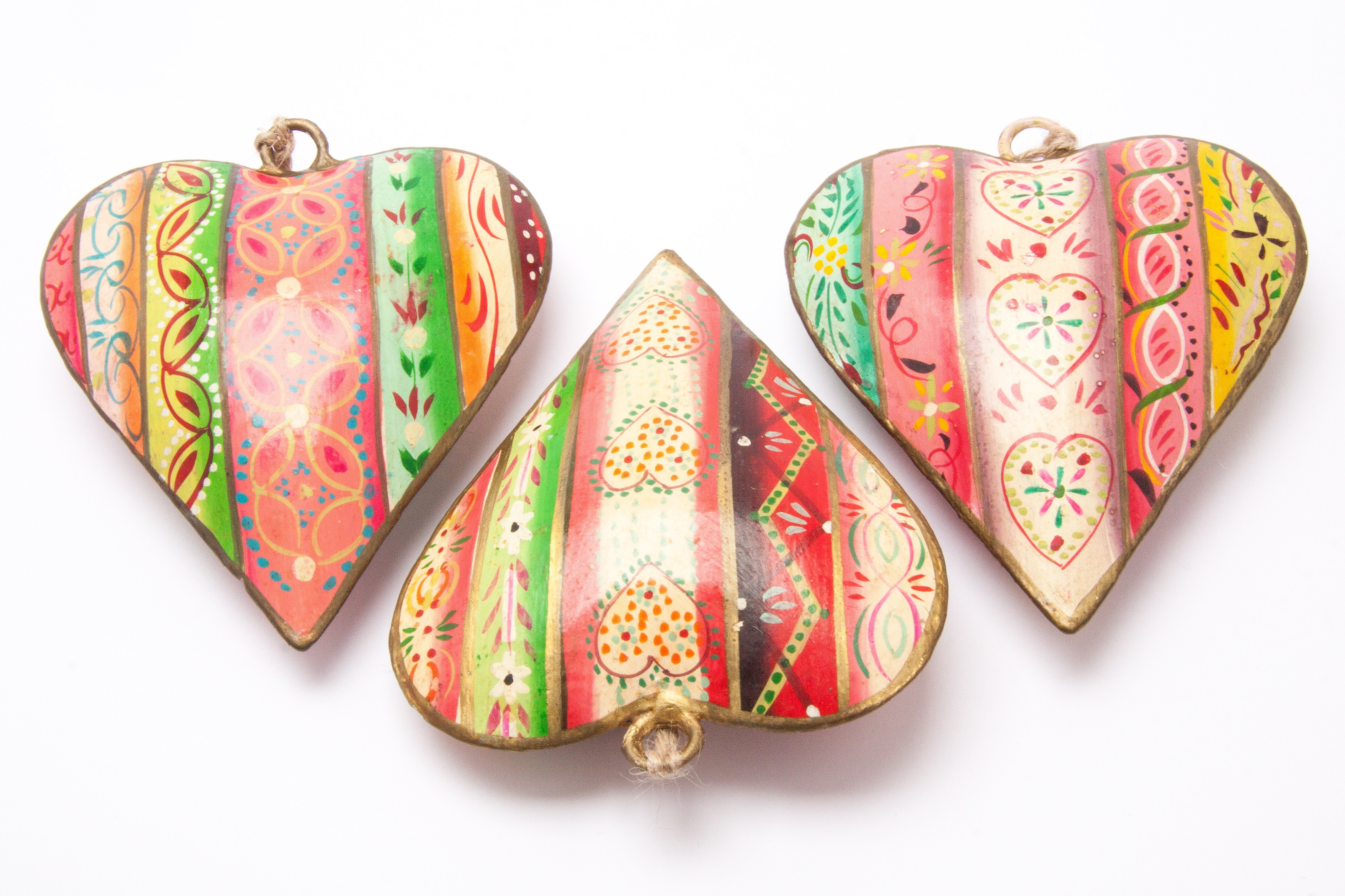 3 white red green floral heart pendants