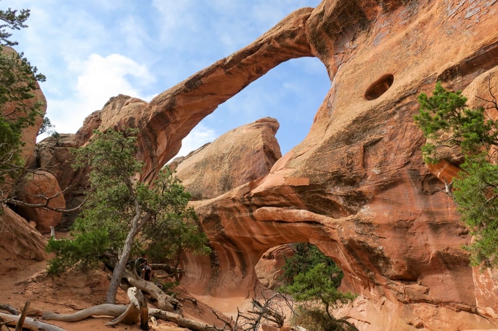 brown rock formation with green leaf trees under white cloudy blue sky during daytime preview