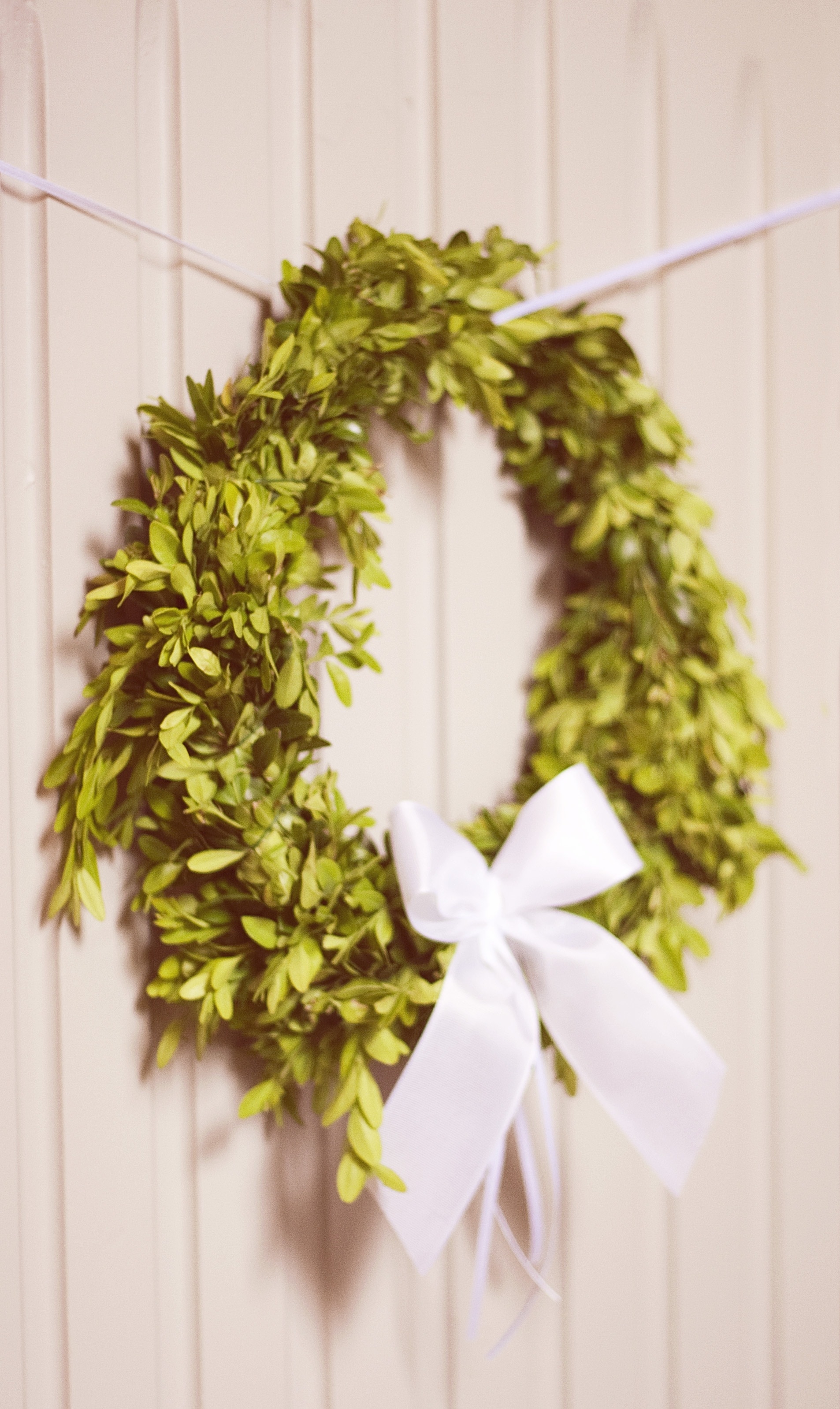 green leaf and white ribbon wreath