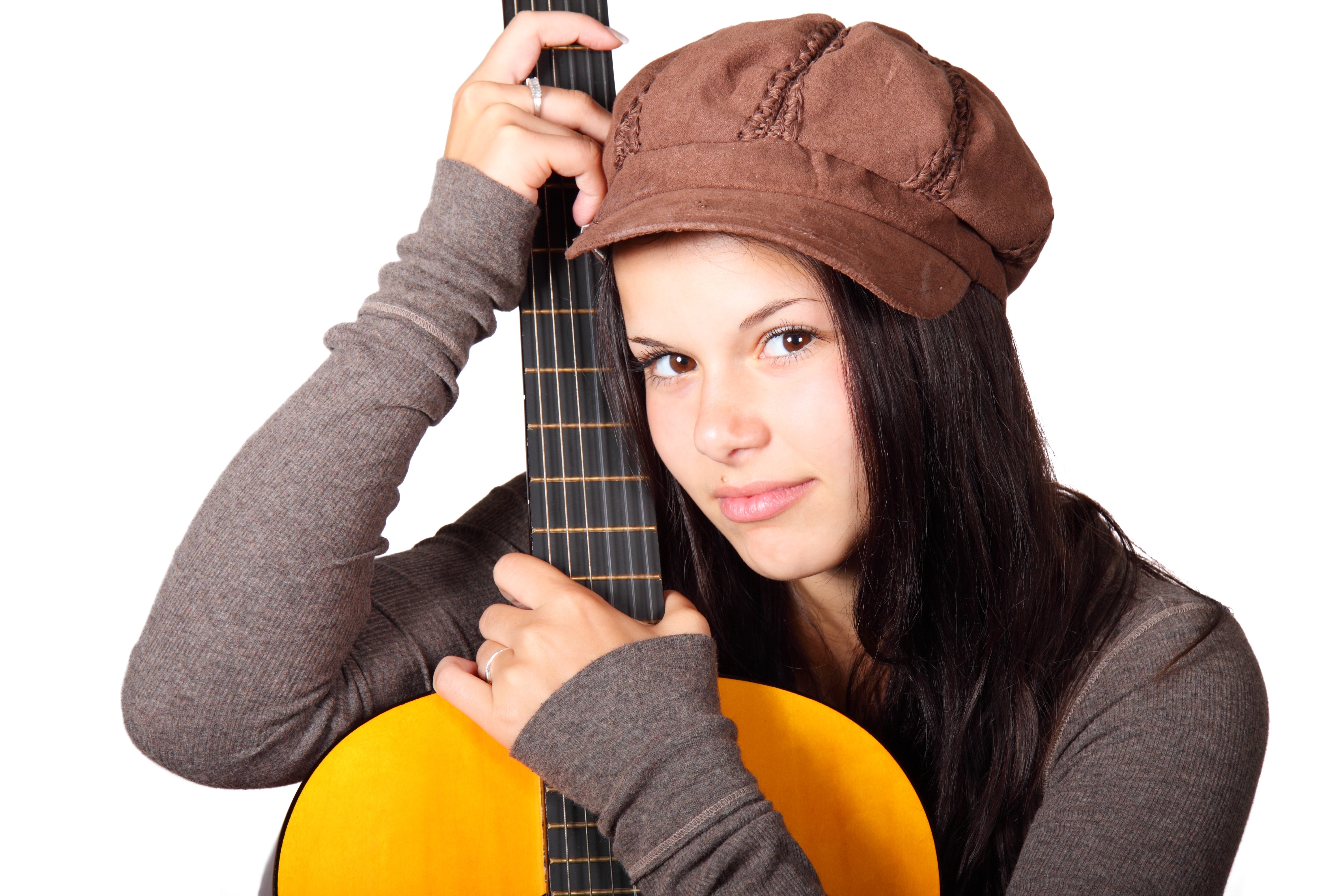 Female, Girl, Cute, Acoustic Guitar, hat, one woman only