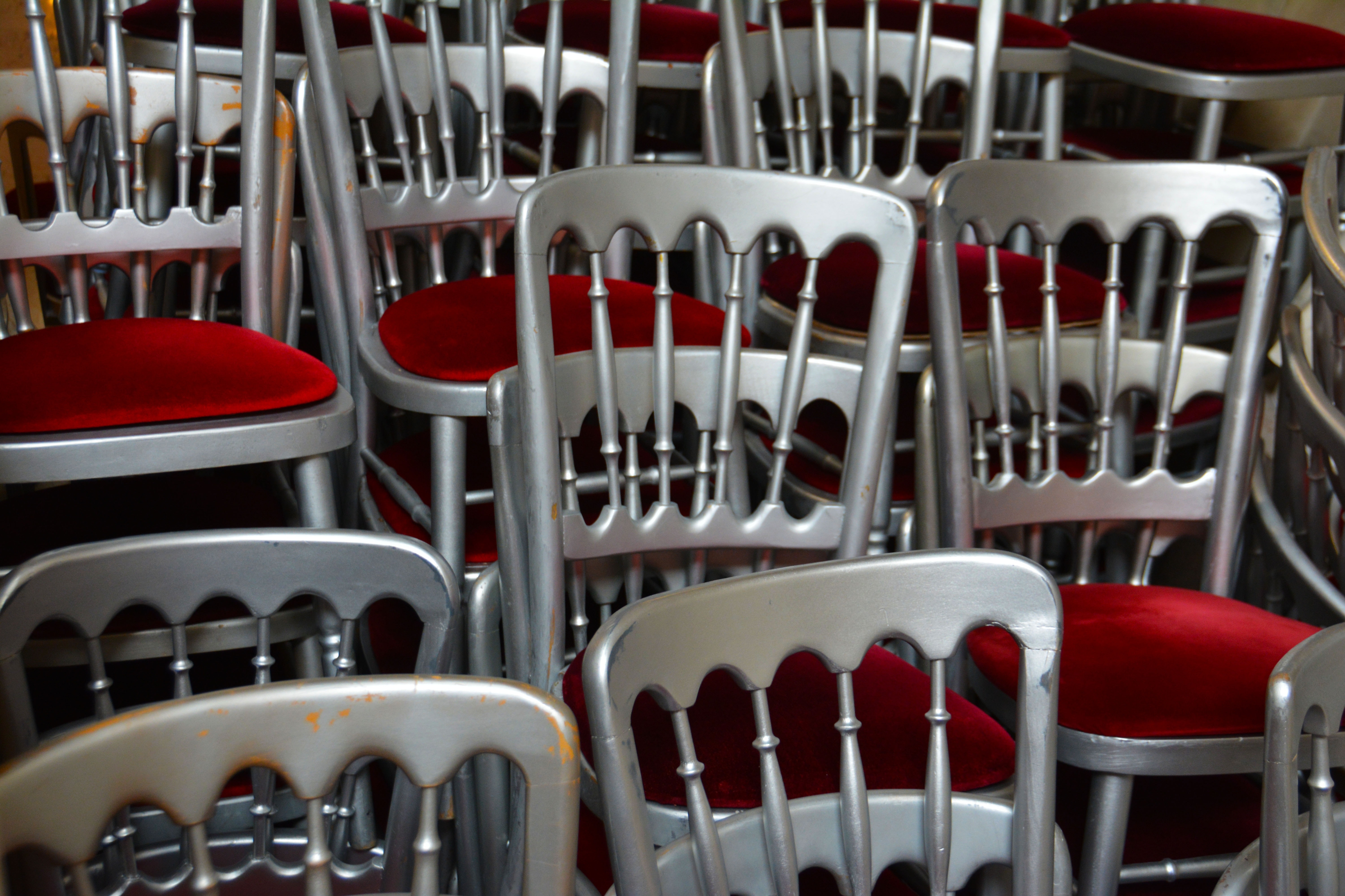 Stack, Seating, Seats, Stacked, Chairs, red, in a row