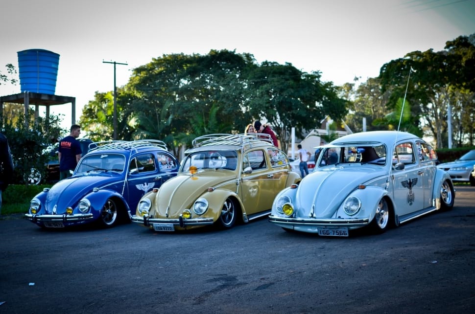 three assorted color Volkswagen Beetles preview