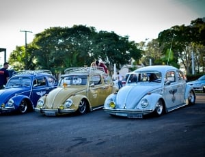 three assorted color Volkswagen Beetles thumbnail
