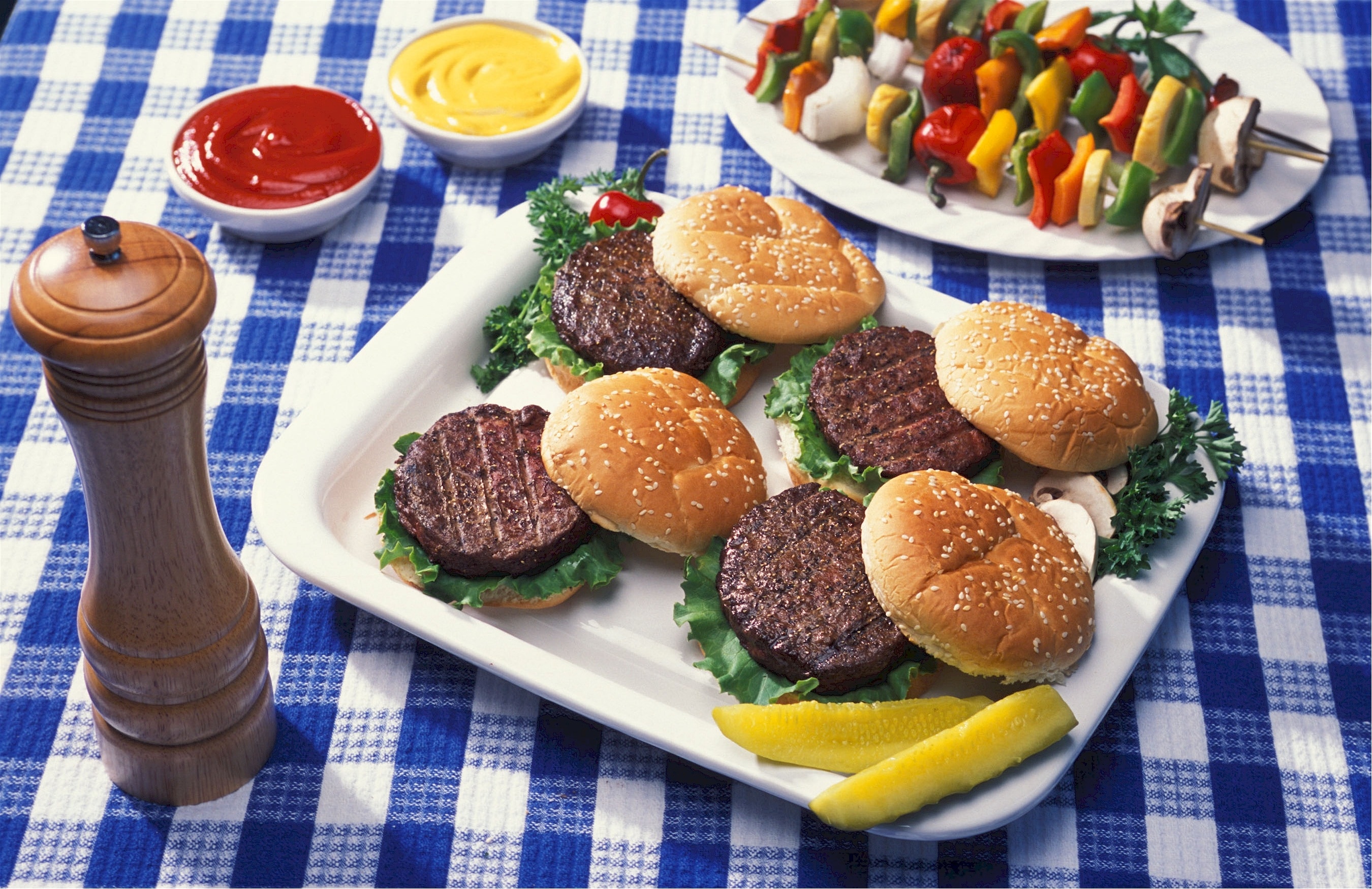 Kabobs, Hamburgers, Meat, Food, Hot, checked pattern, food and drink