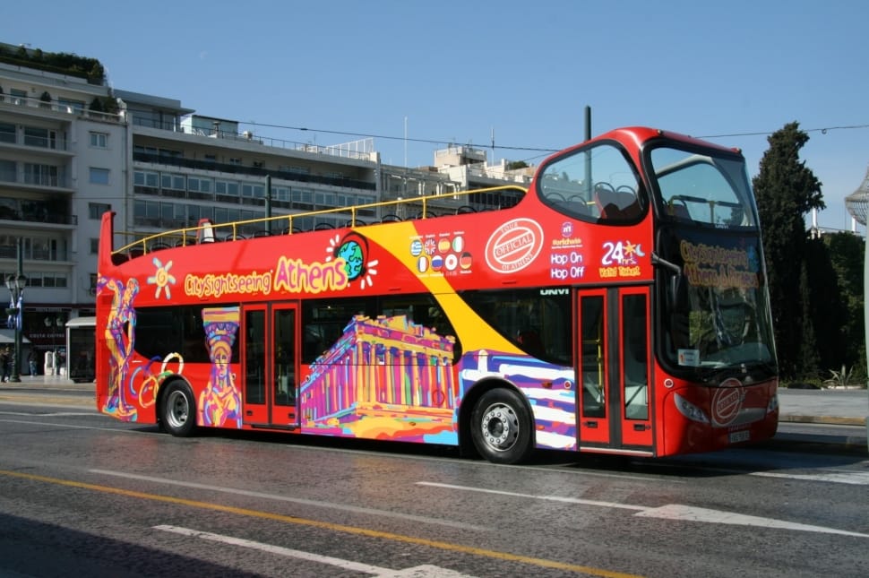 red and black double decker bus preview