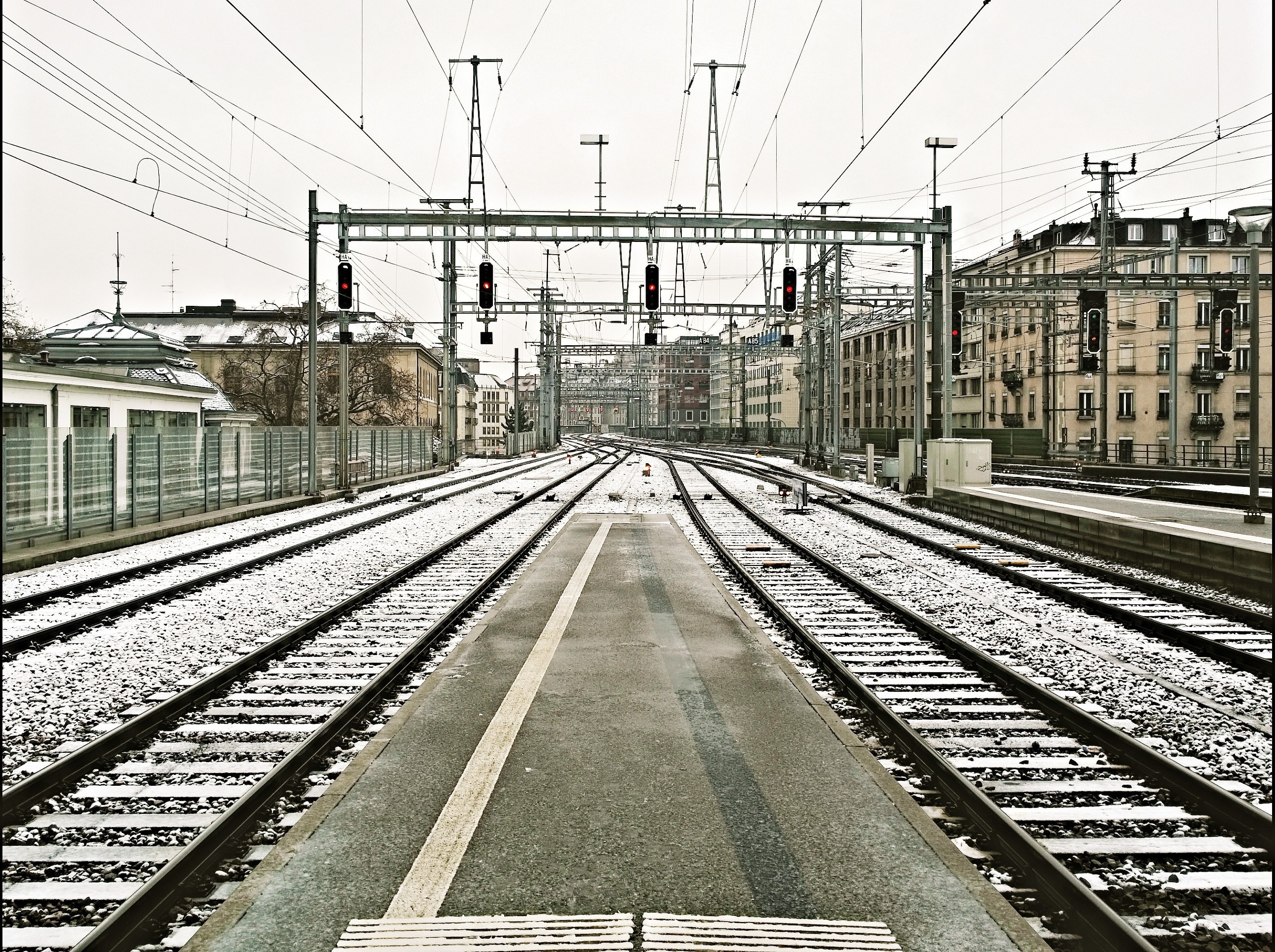 Railway, Platform, Train Station, Geneva, railroad track, cable