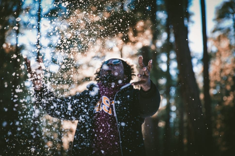 photograph of man in black jacket with water drops effects preview