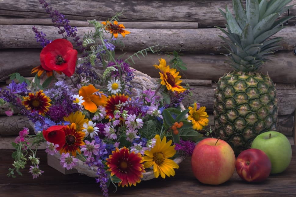 red blanket flowers, yellow sunflowers, red poppies, pine apple and apples preview