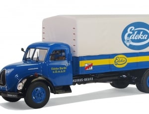 blue, white, and yellow Edeka boax truck toy thumbnail
