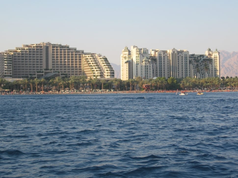 body of water near city with tall buildings under blue sky preview