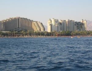 body of water near city with tall buildings under blue sky thumbnail