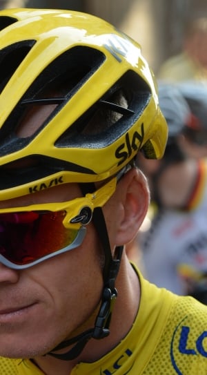 men's yellow crew neck shirt and yellow bicycle helmet thumbnail