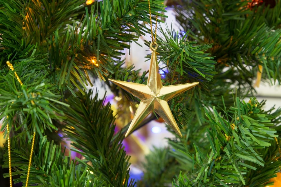 star gold-colored ornament hang on christmas tree preview