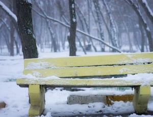 snow ice on yellow wooden bench thumbnail