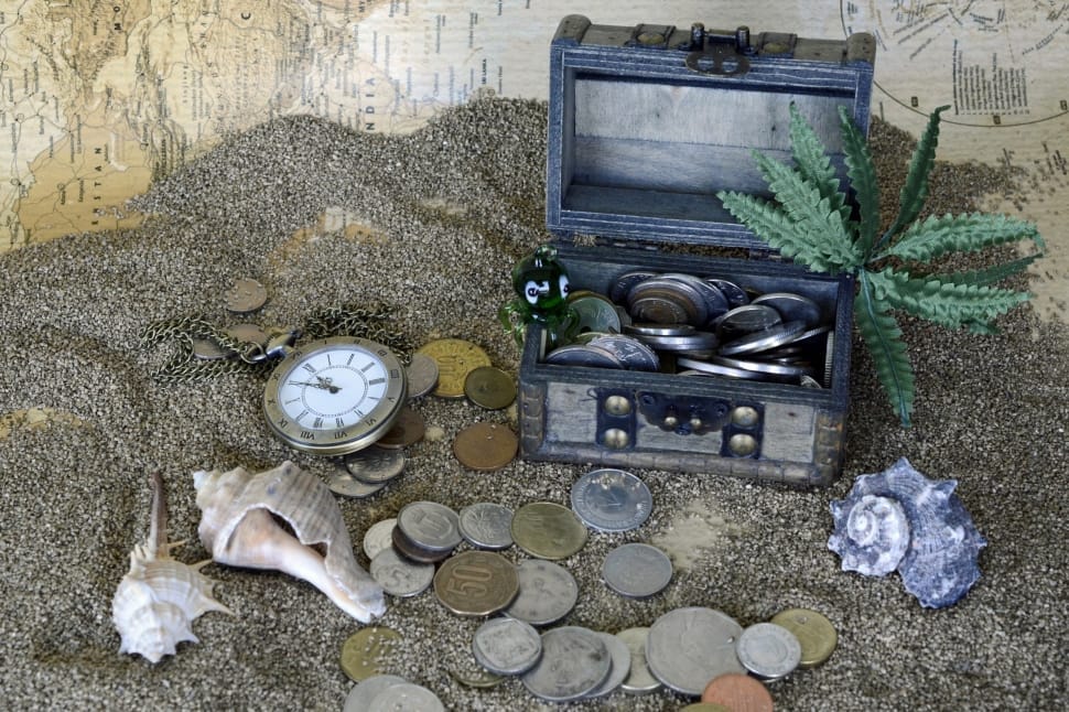 sea shells, pocket watch and coin lot preview