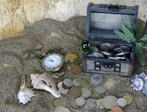 sea shells, pocket watch and coin lot thumbnail