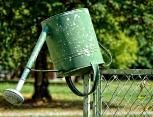 green watering can on green metal chain link fence thumbnail