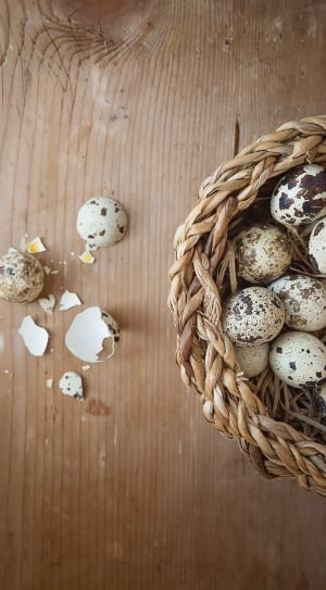white and brown quail egg with brown wicker basket thumbnail