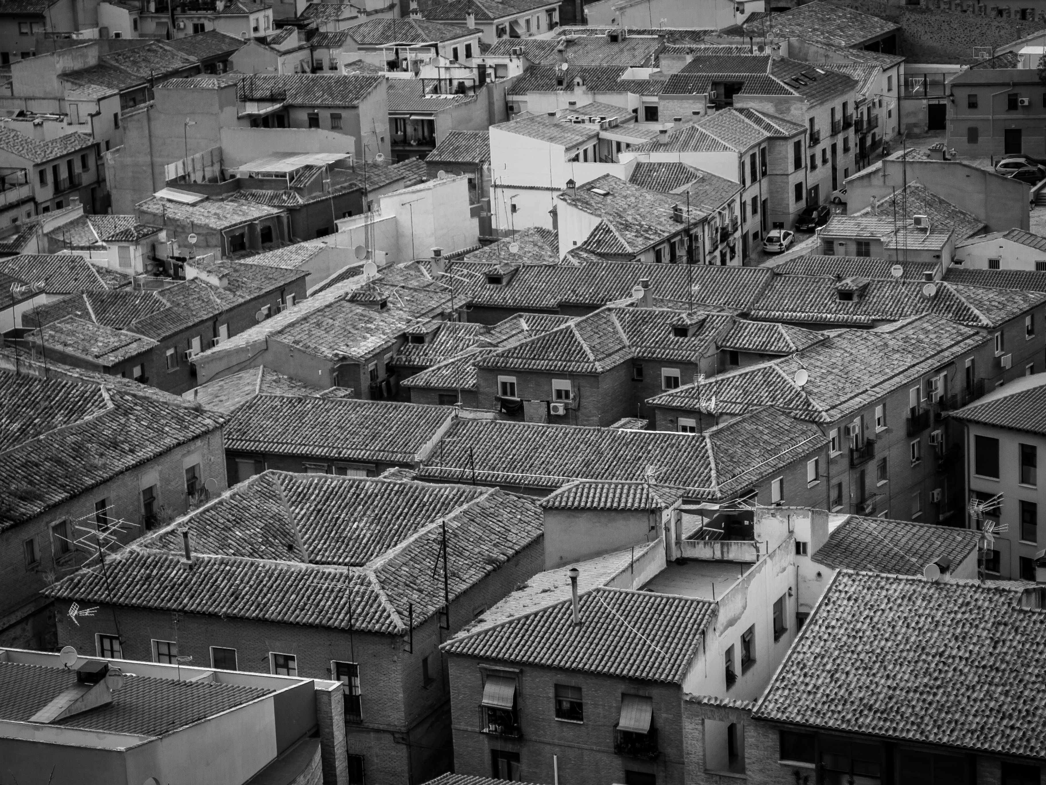 grayscale aerial view of photography of town