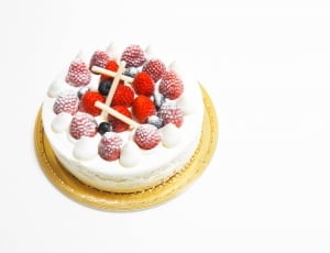 Cake, Strawberry, Cream, Dessert, white background, studio shot thumbnail