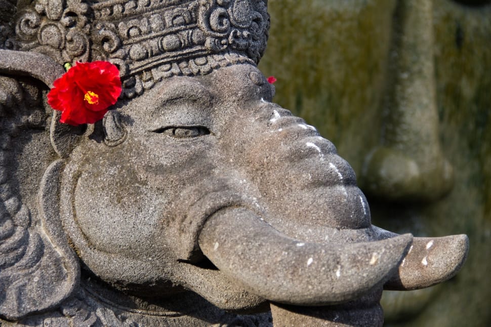 gray elephant statue with red hibiscus on ear preview