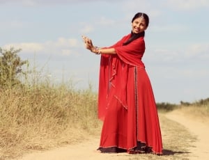 women's red batwing dress thumbnail