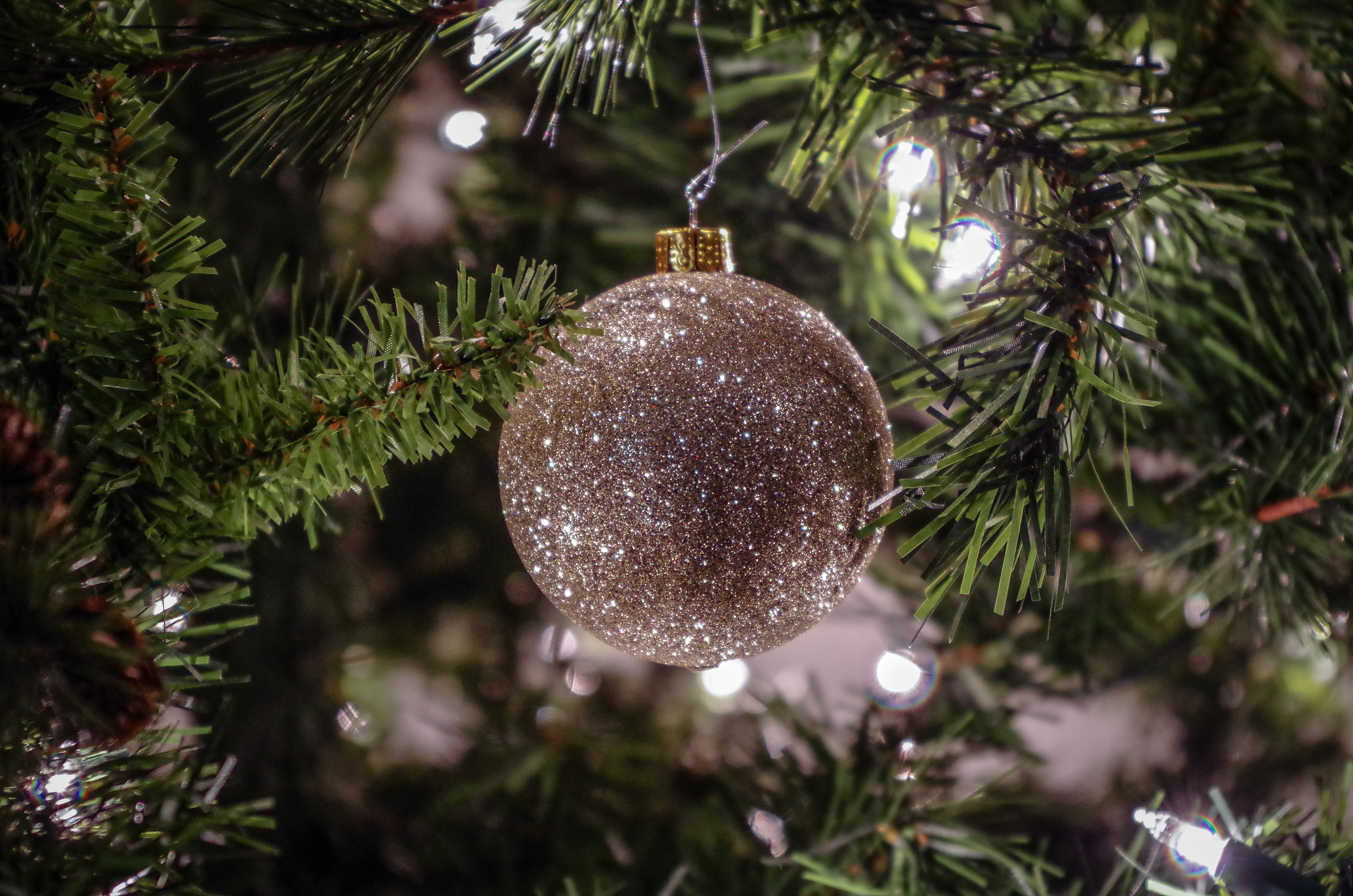 gray christmas ball in pine tree