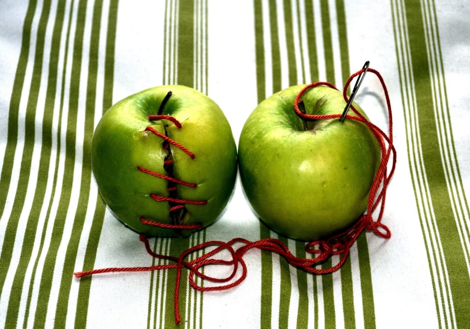 green apple fruit with red yarn and needle preview
