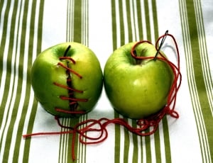 green apple fruit with red yarn and needle thumbnail
