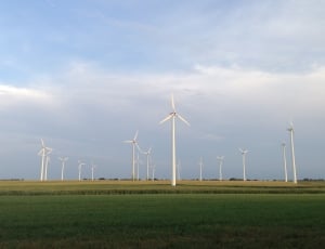 white wind turbines on green grass field thumbnail