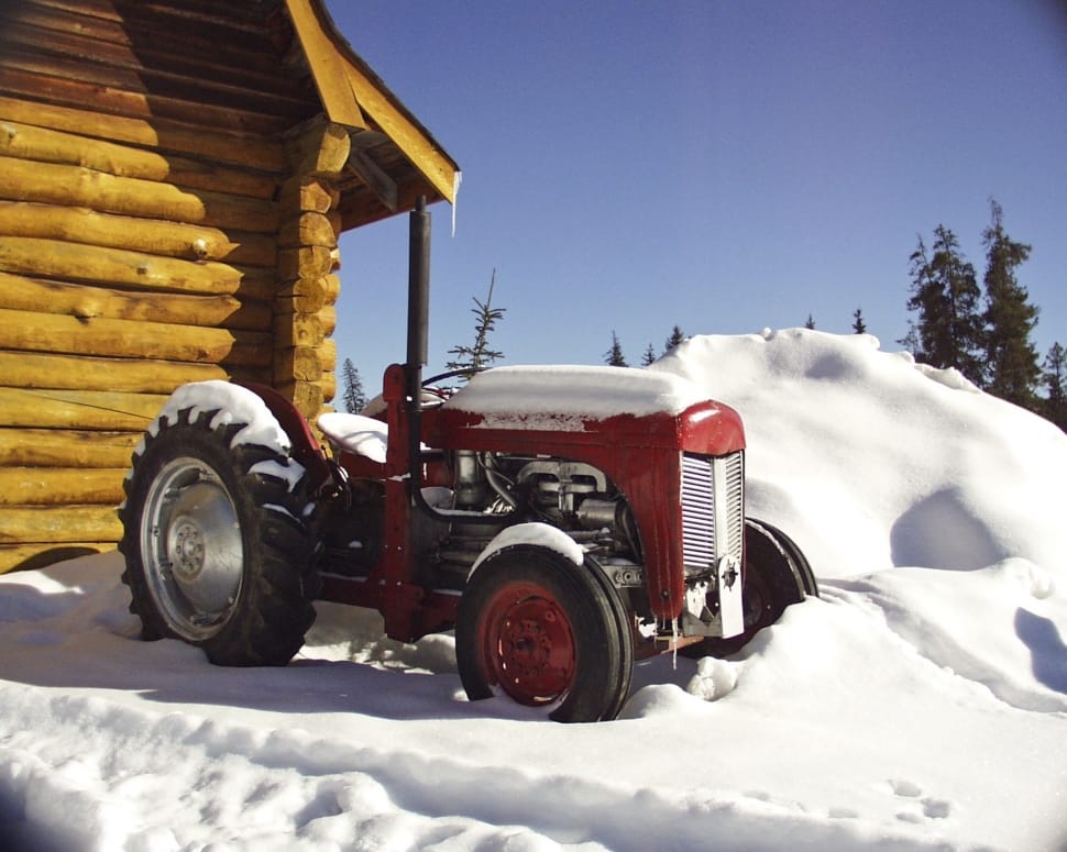 Wooden, Red, Log Building, Tractor, snow, winter preview