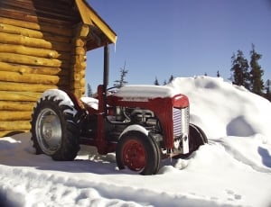 Wooden, Red, Log Building, Tractor, snow, winter thumbnail