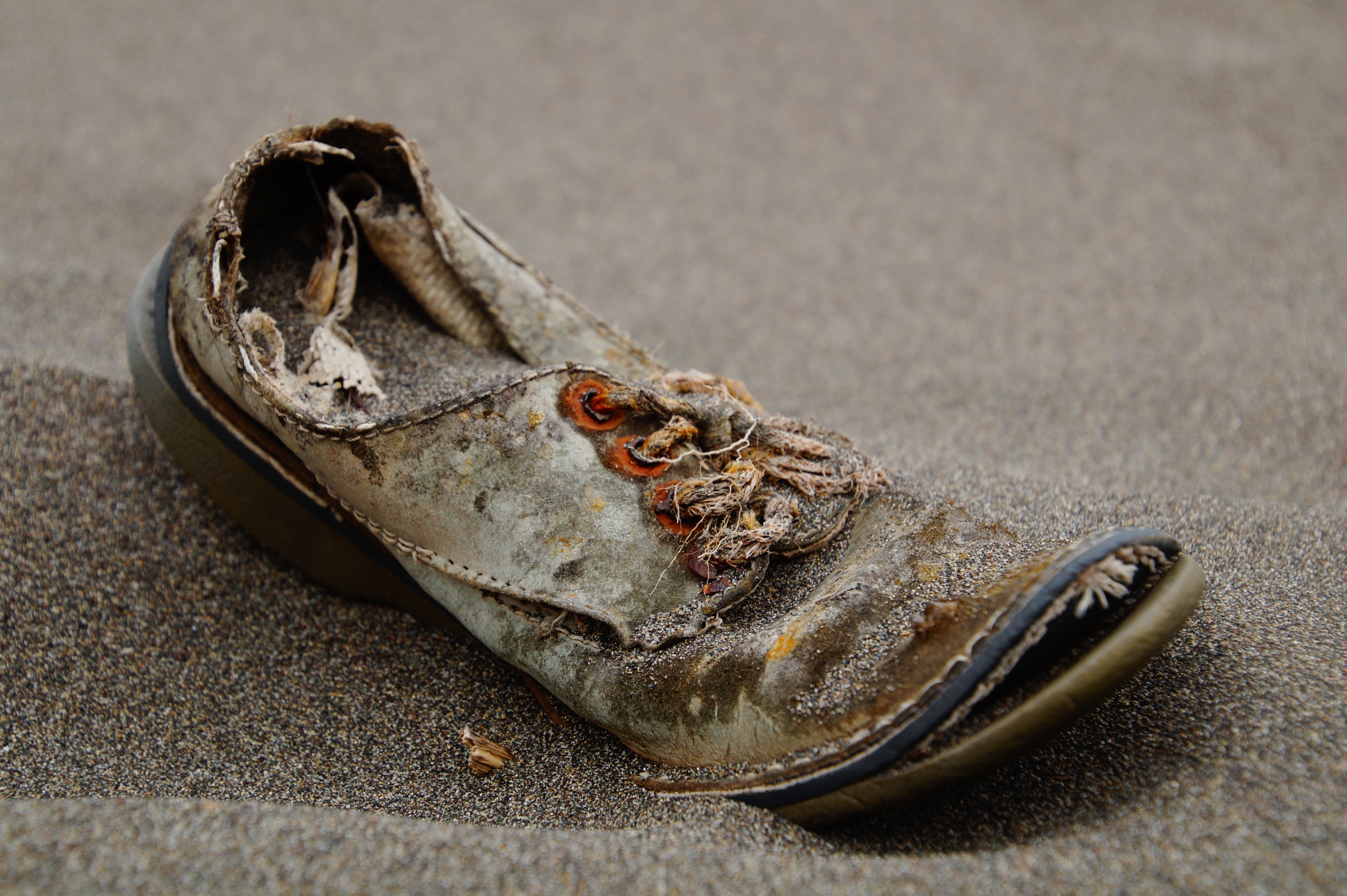 broken unpaired grey dress shoe