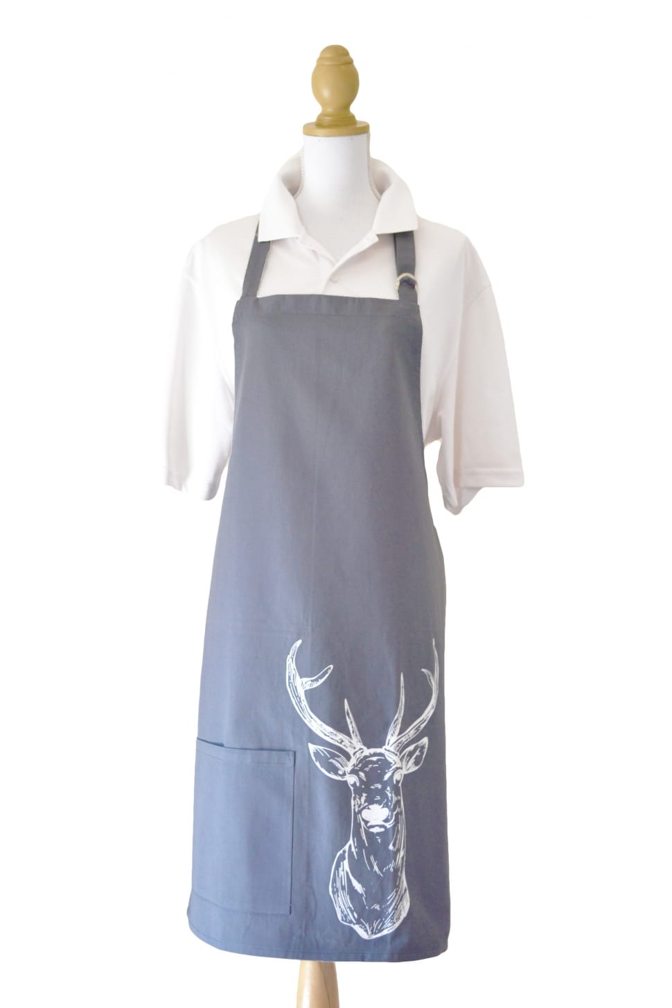 white polo shirt and grey stag apron outfit preview