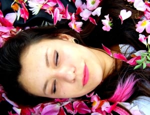 Girl, Petals, Pink, Dreaming, eyes closed, headshot thumbnail
