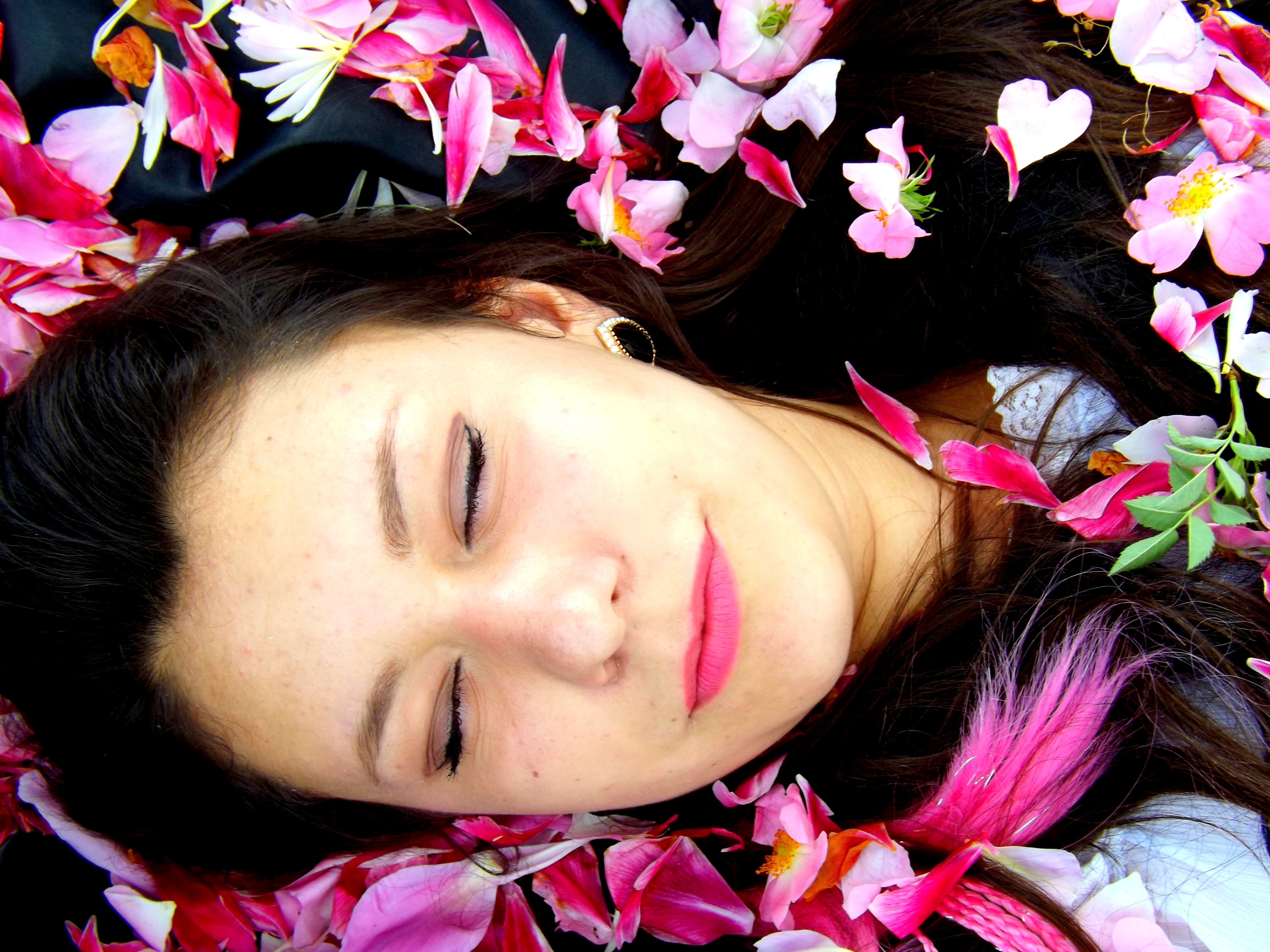 Girl, Petals, Pink, Dreaming, eyes closed, headshot