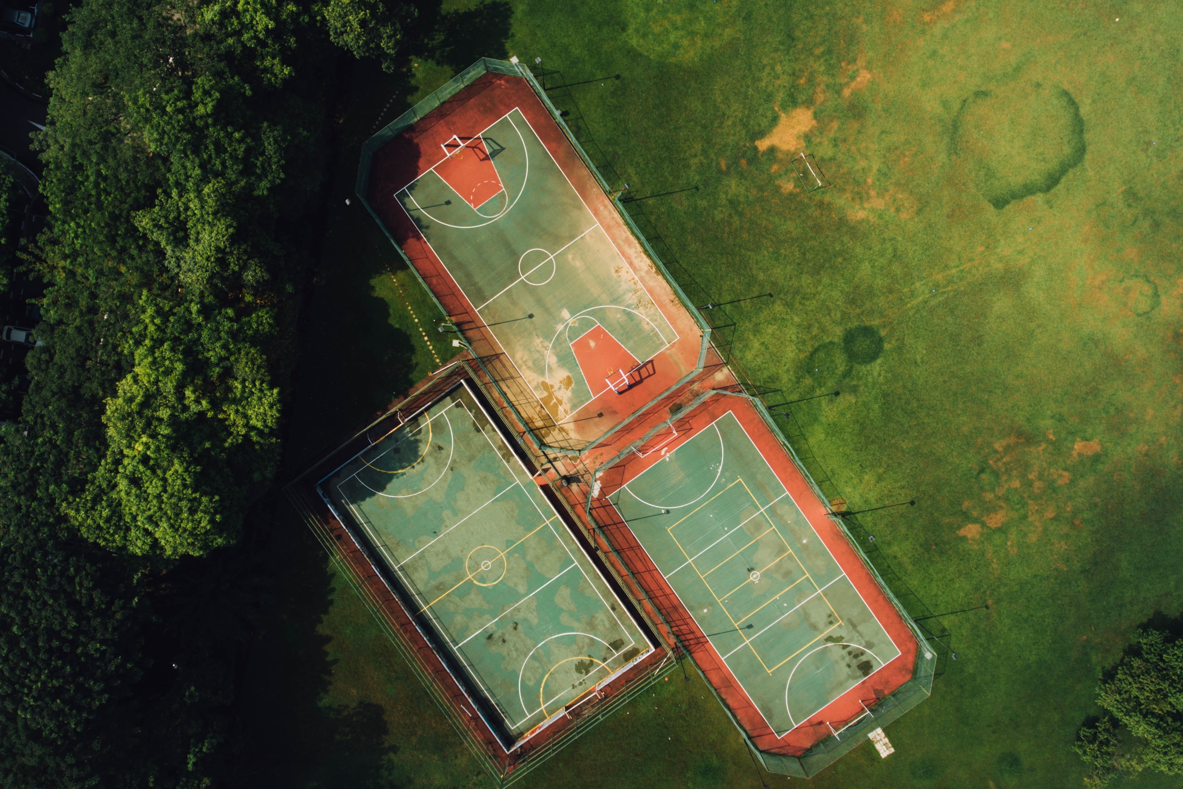 birds eye photography of three sports courts near tree during daytime