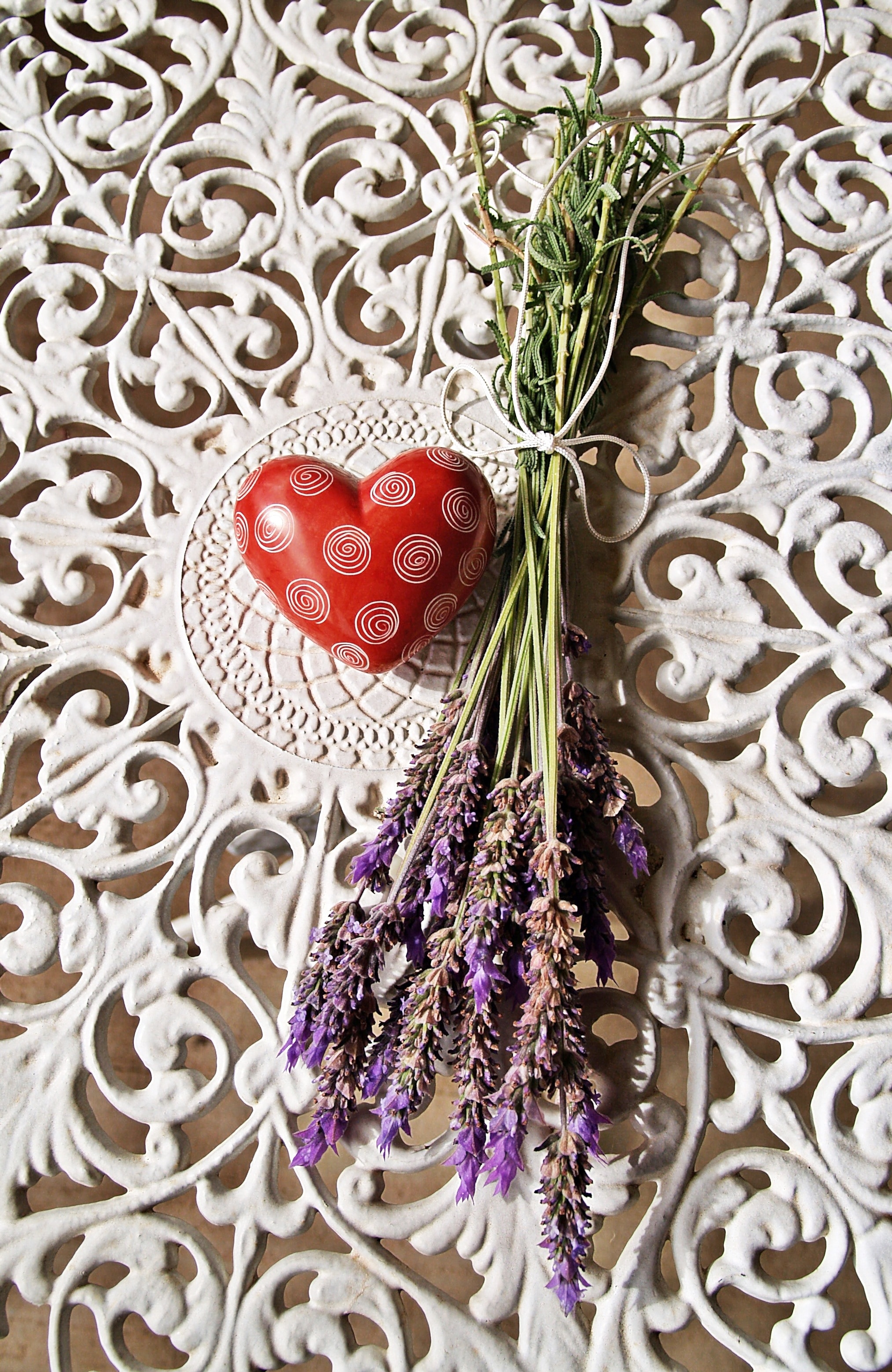 purple petaled flower with red and white heart shaped decor
