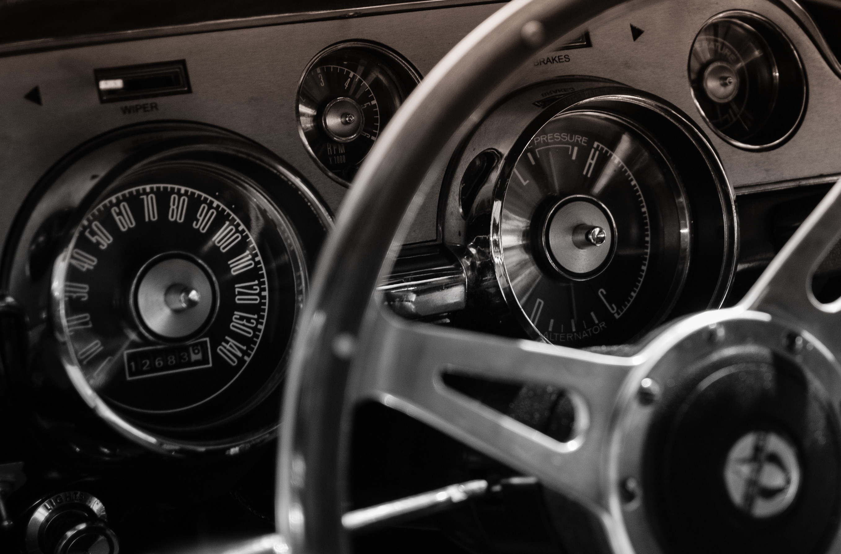 steering, wheel, black and white, car, car, transportation
