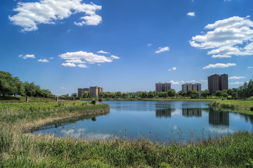 city buildings near body of water surrounded by green grass and green leaved trees under blue and white cloudy sky during daytime preview
