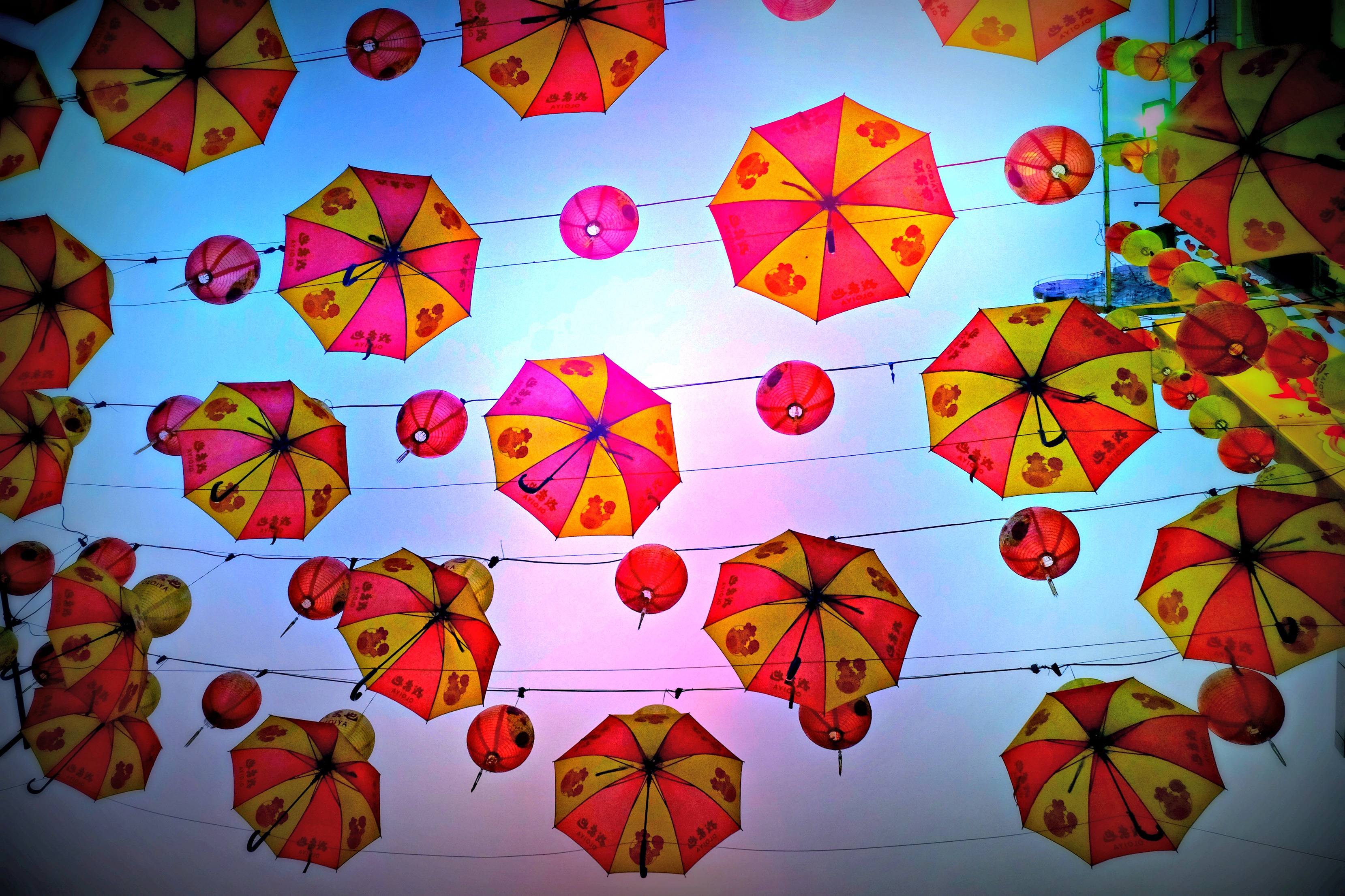 yellow and red umbrella lot
