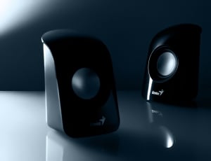 two black-and-gray audio speakers thumbnail