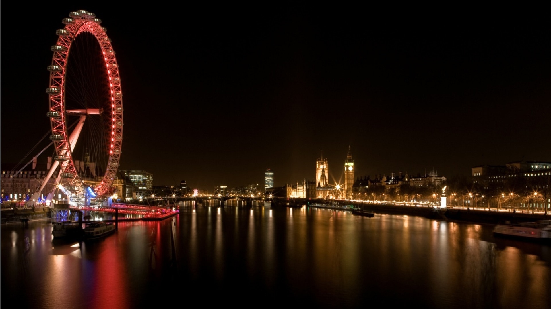 Thames River, London, Reflections, Night, ferris wheel, night