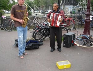 Accordion, Street Musicians, Musicians, bicycle, only men thumbnail