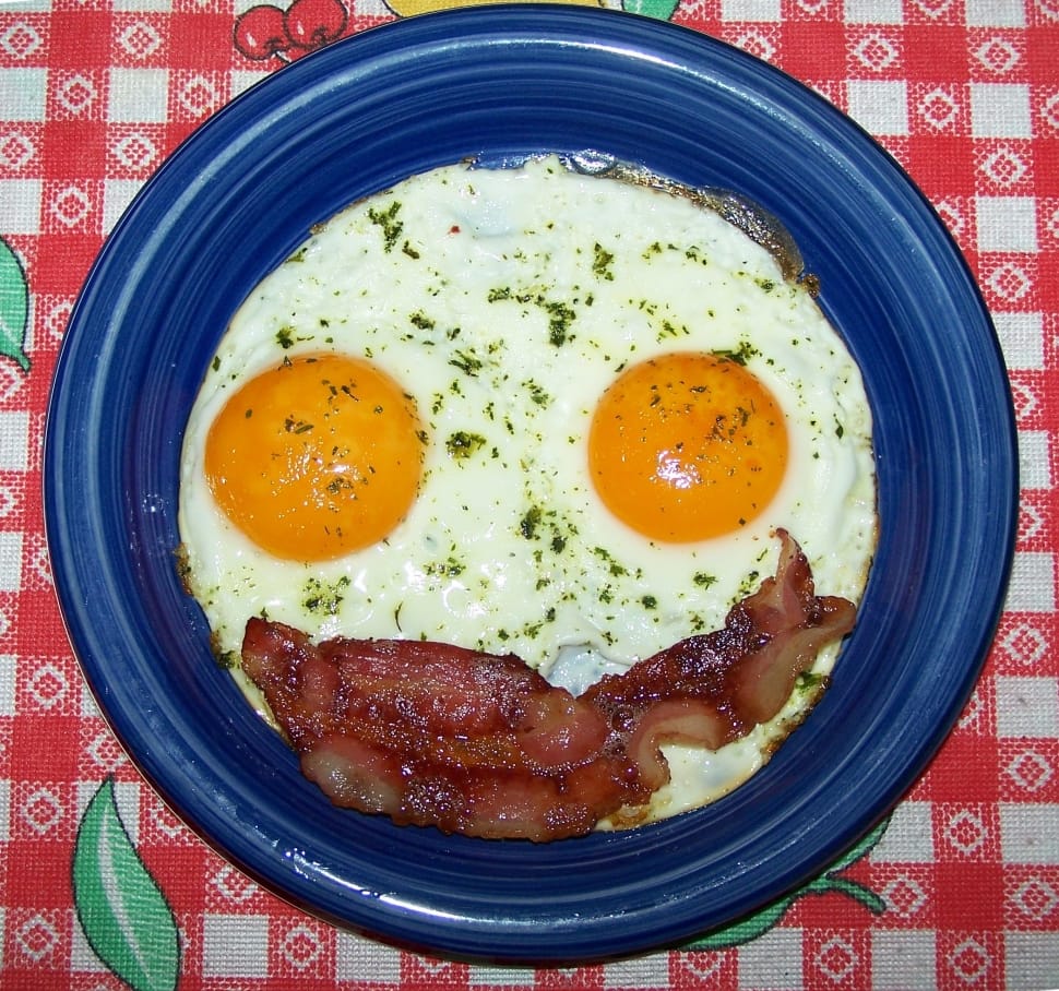 two sunny side up eggs and bacon strip preview