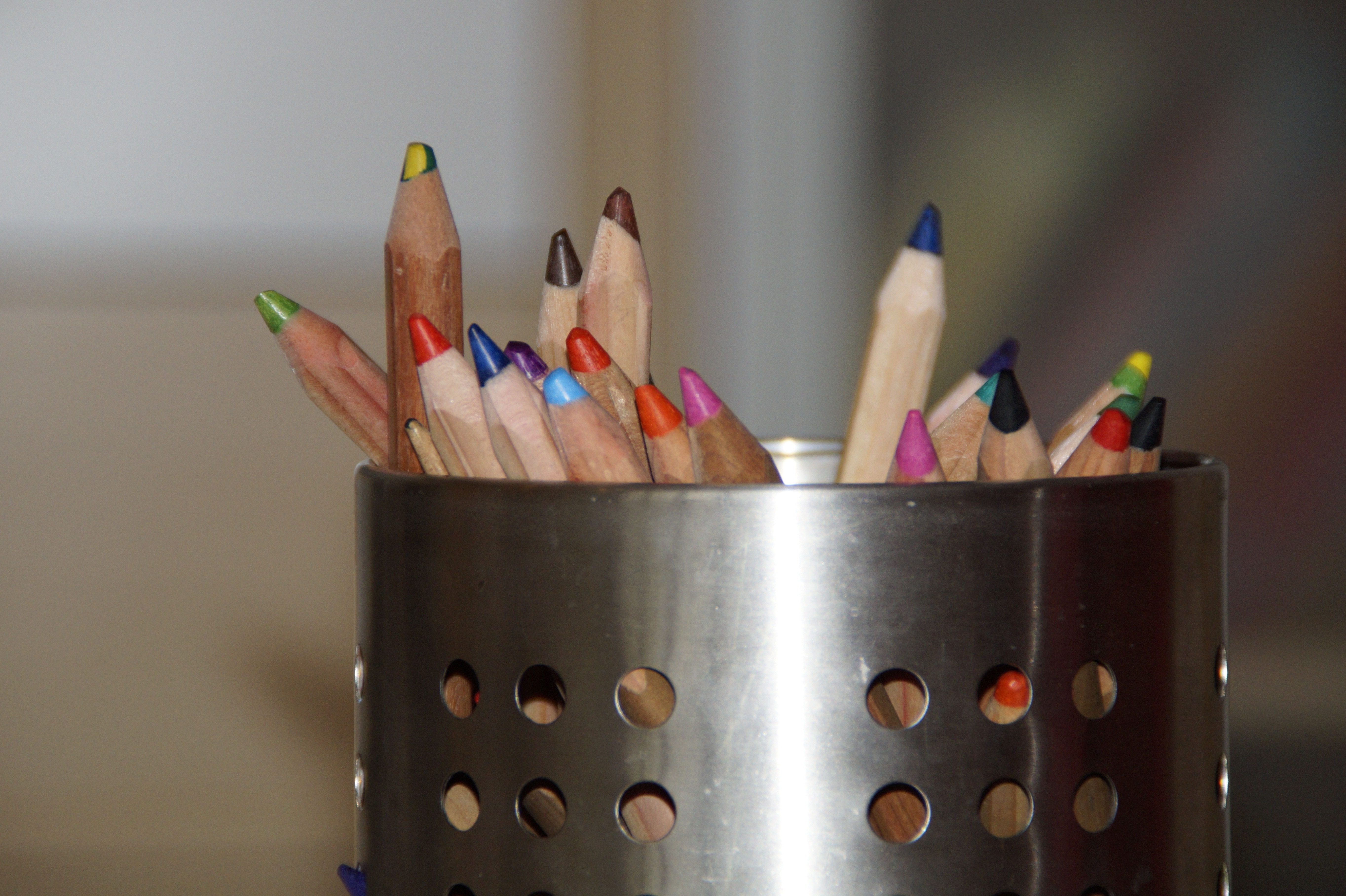 color pencils lot in stainless steel holder
