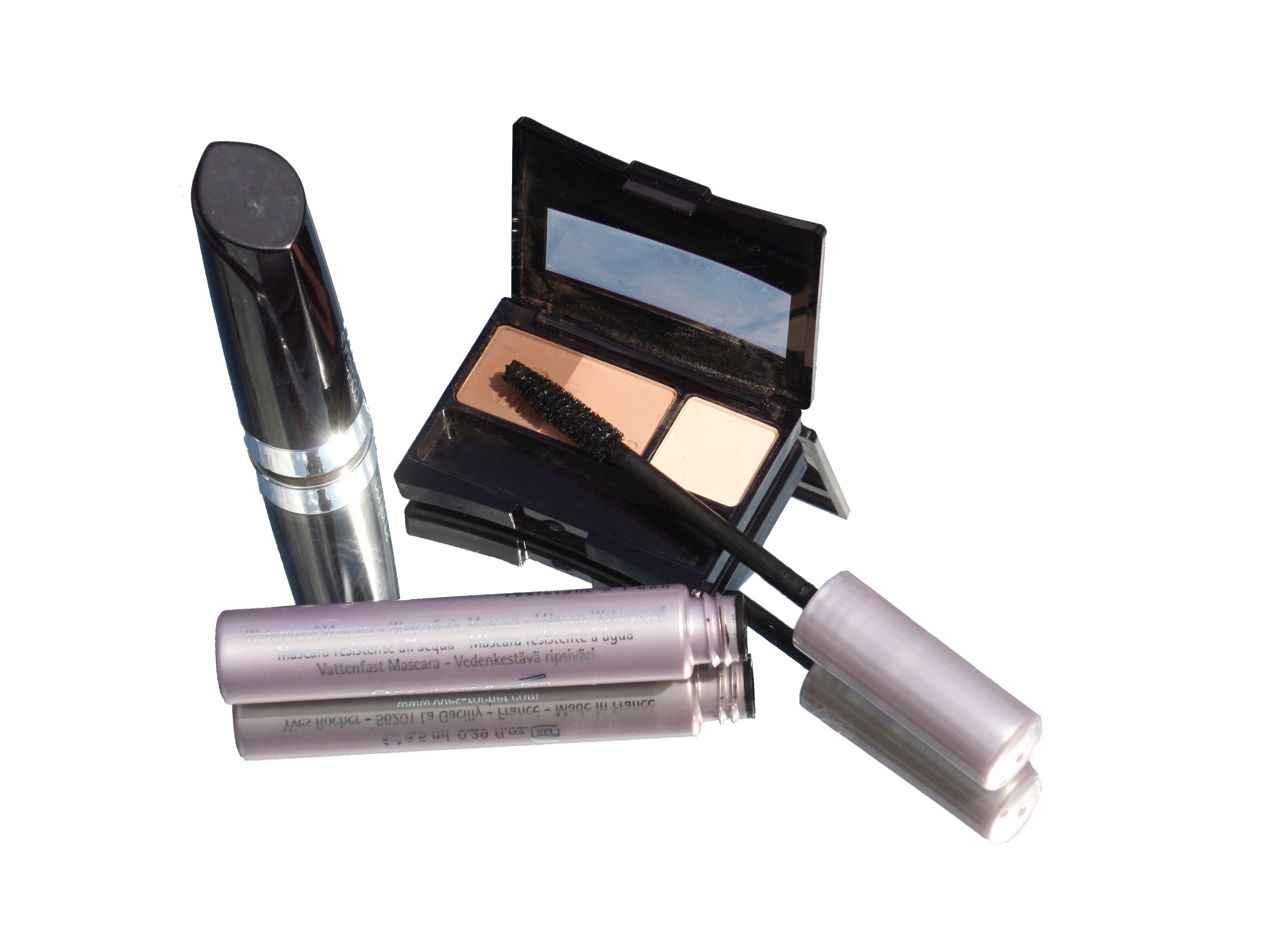 makeup palette, black mascara and lipstick set