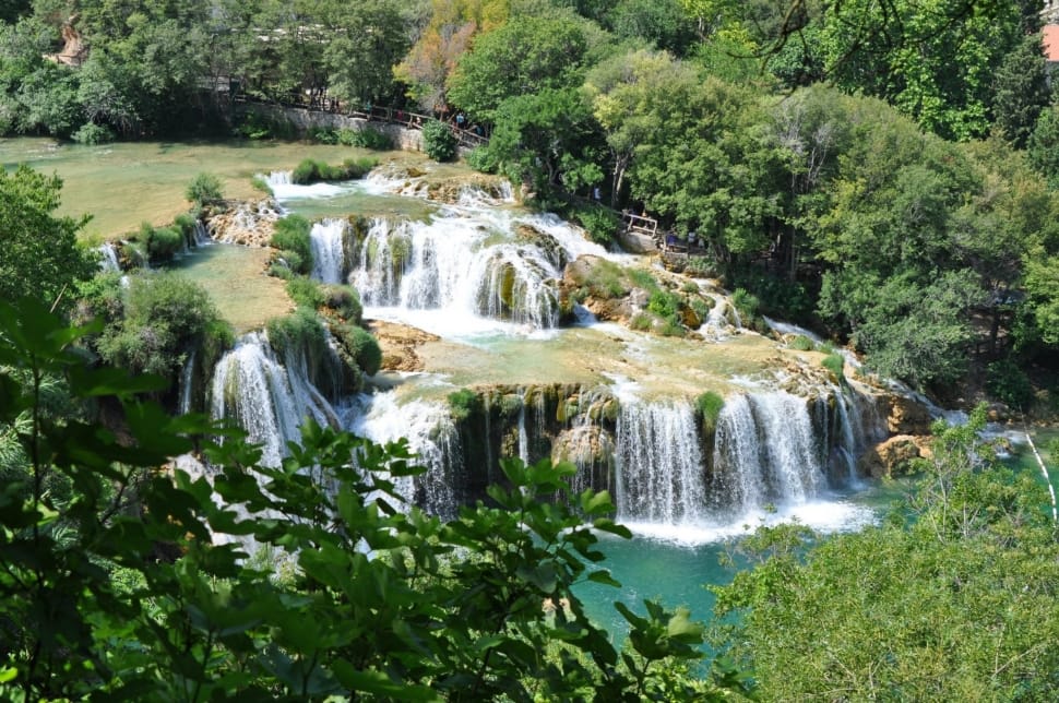 photo of water fall near green trees preview