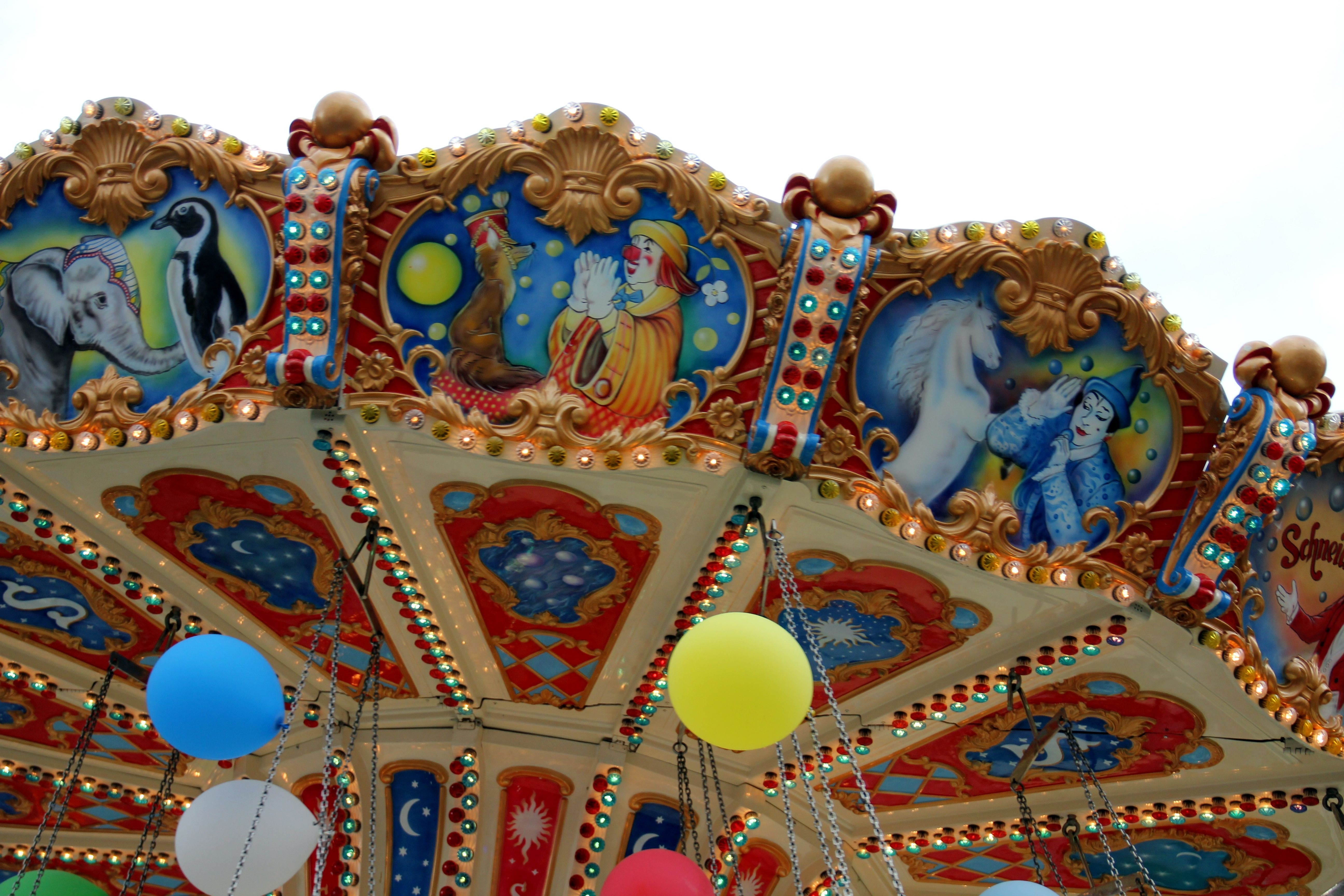 brown white and blue carousel swing ride